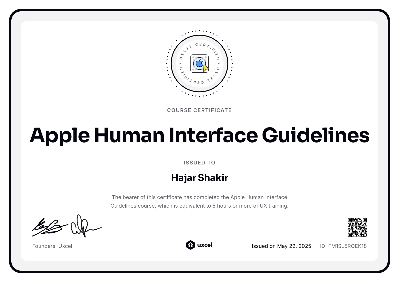 Hajar Shakir's certificate